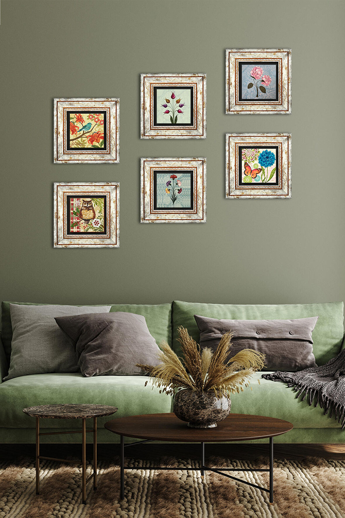 Kelebek, Serçe, Çığlık, İnci Küpeli Kız, Ortanca Çiçeği, Baykuş Taş Duvar Tablosu Çerçeveli Duvar Dekoru 6 Parça Tablo Seti Wall Art