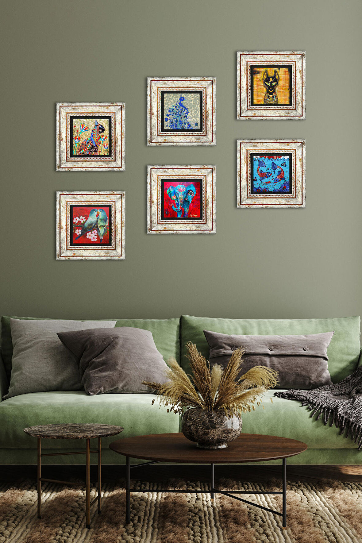 Fil, Kuş, Çini Sanatı Balık, Tavus Kuşu, Antik Mısır Taş Duvar Tablosu Çerçeveli Duvar Dekoru 6 Parça Tablo Seti Wall Art