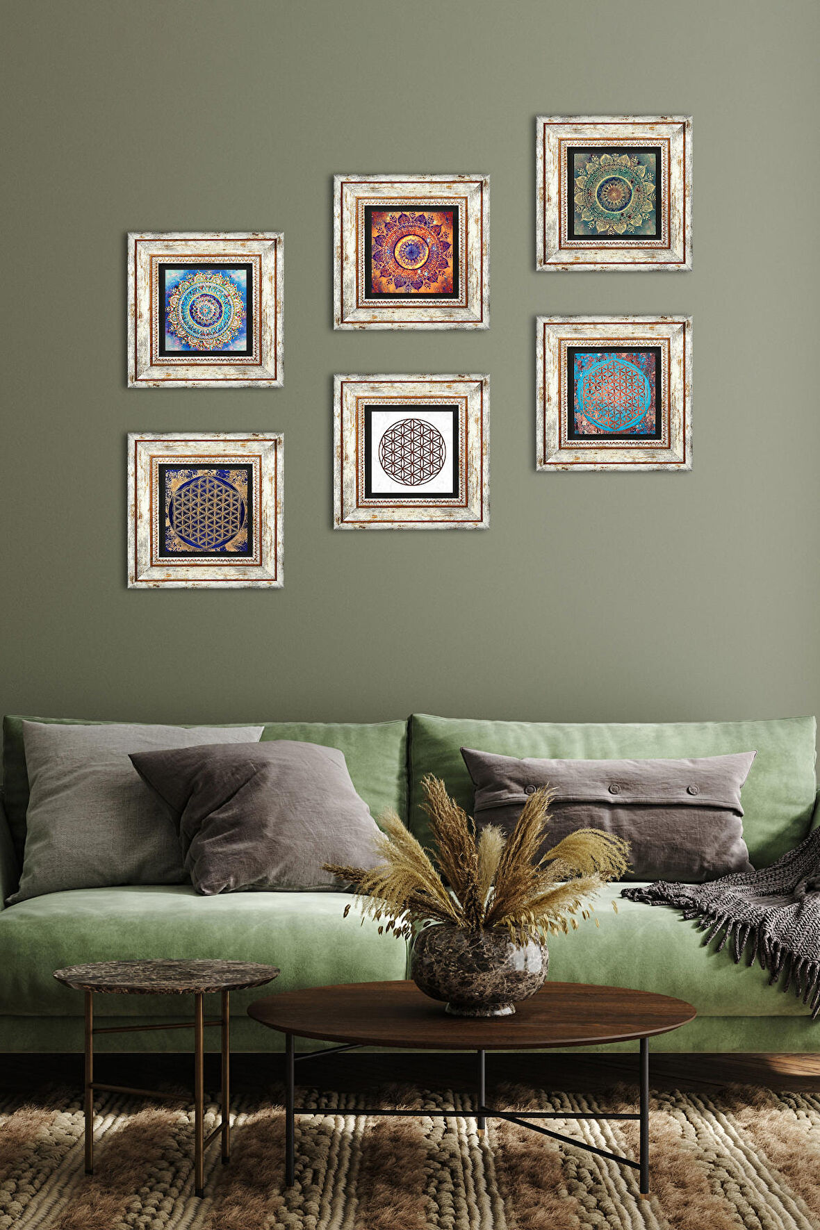 Mandala, Yaşam Çiçeği Taş Duvar Tablosu Çerçeveli Duvar Dekoru 6 Parça Tablo Seti Wall Art