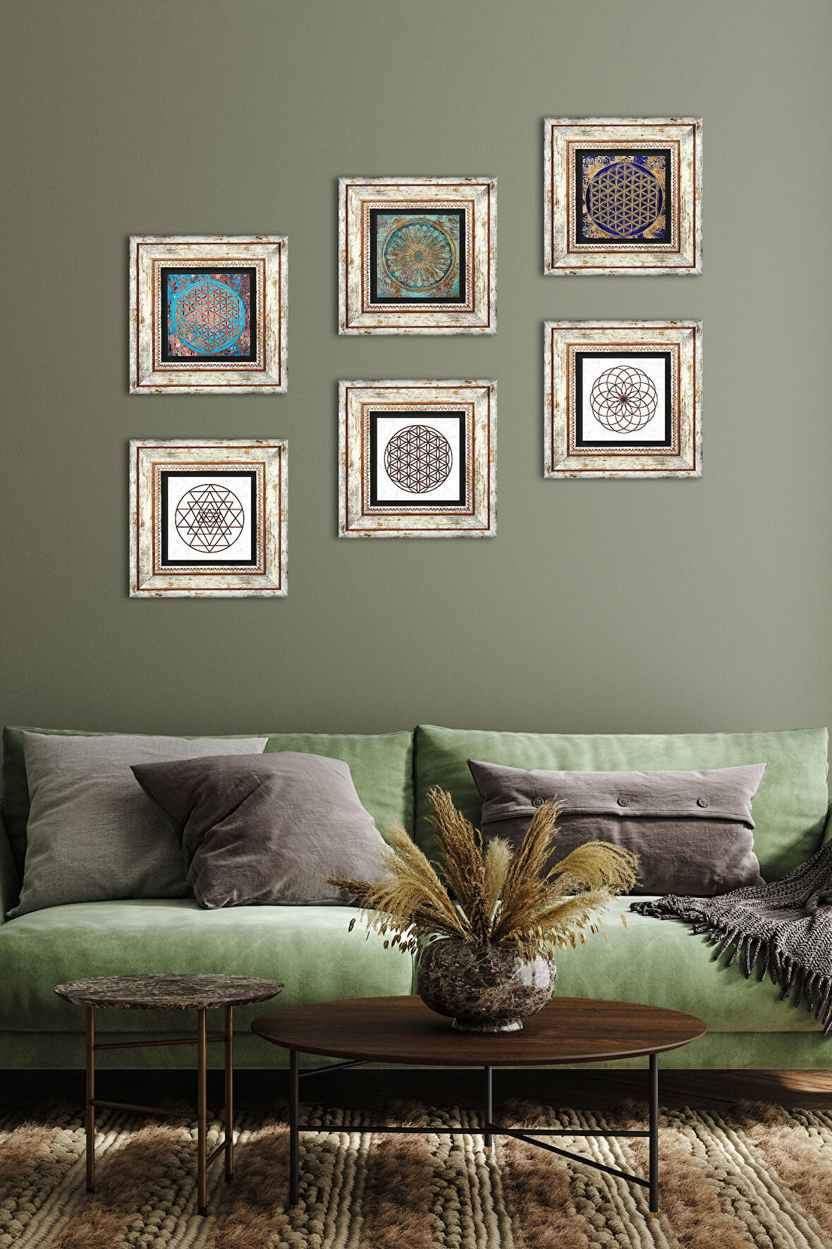 Sri Yantra, Yaşam Çiçeği Taş Duvar Tablosu Çerçeveli Duvar Dekoru 6 Parça Tablo Seti Wall Art
