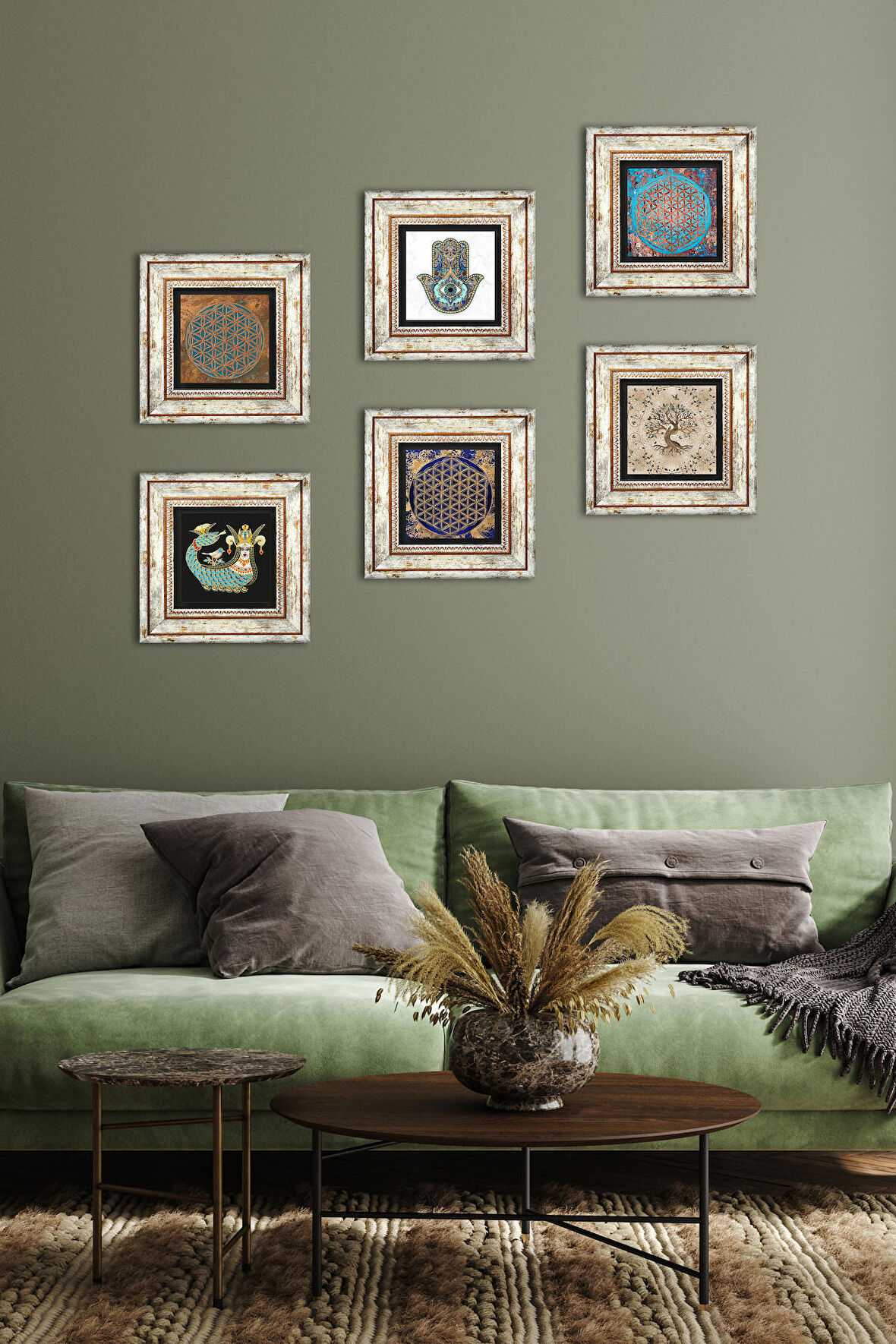 Yaşam Çiçeği, Şahmeran, Hayat Ağacı, Fatma Ana Eli (Hamsa) Taş Duvar Tablosu Çerçeveli Duvar Dekoru 6 Parça Tablo Seti Wall Art