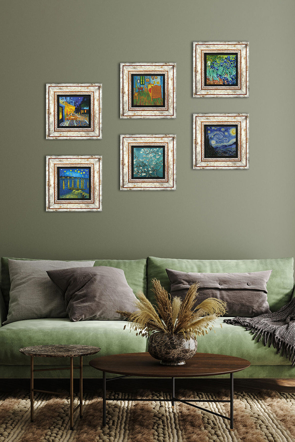 Van Gogh Taş Duvar Tablosu Çerçeveli Duvar Dekoru 6 Parça Tablo Seti Wall Art