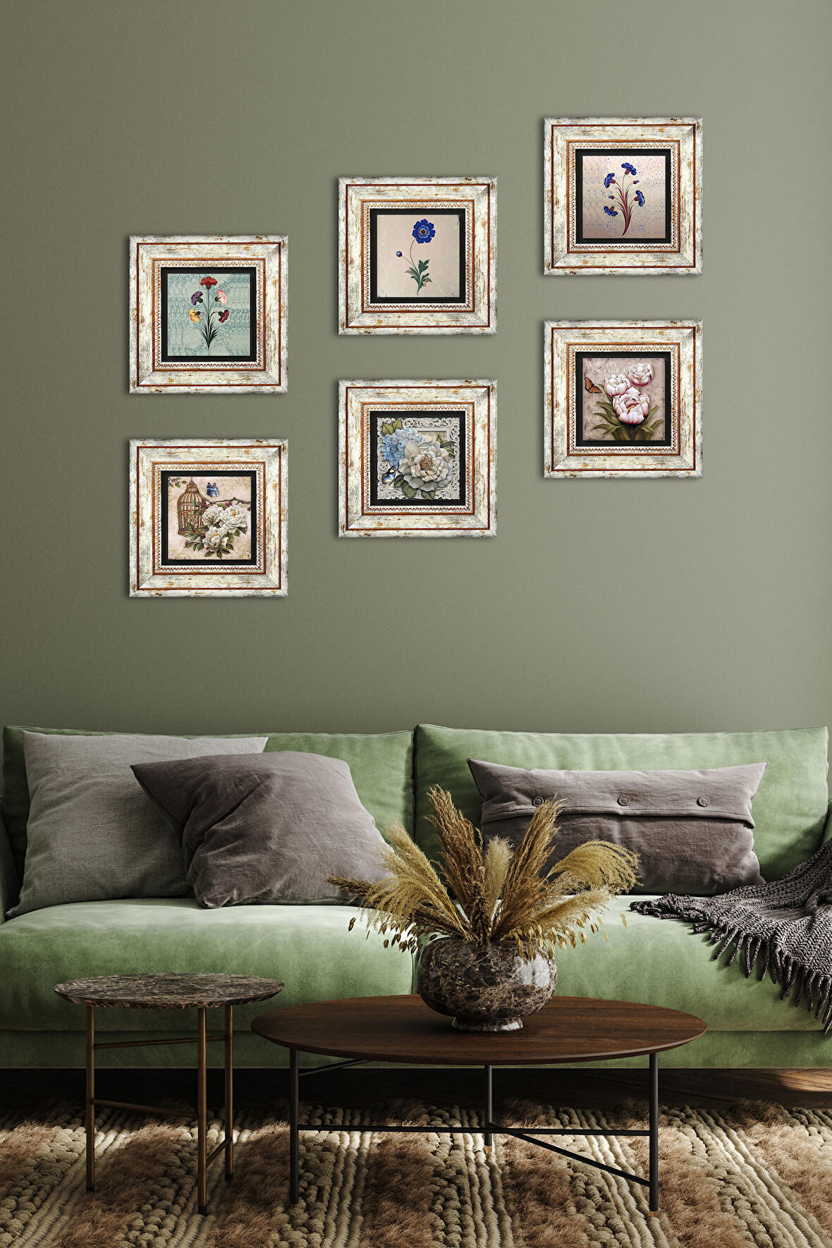 Ebru Sanatı, Kelebekli Çiçek Taş Duvar Tablosu Çerçeveli Duvar Dekoru 6 Parça Tablo Seti Wall Art