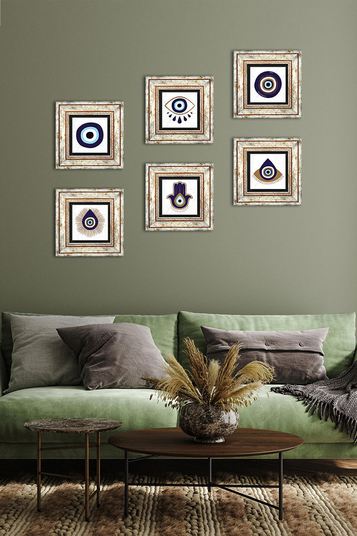 Fatma Ana Eli (Hamsa), Nazar Taş Duvar Tablosu Çerçeveli Duvar Dekoru 6 Parça Tablo Seti Wall Art