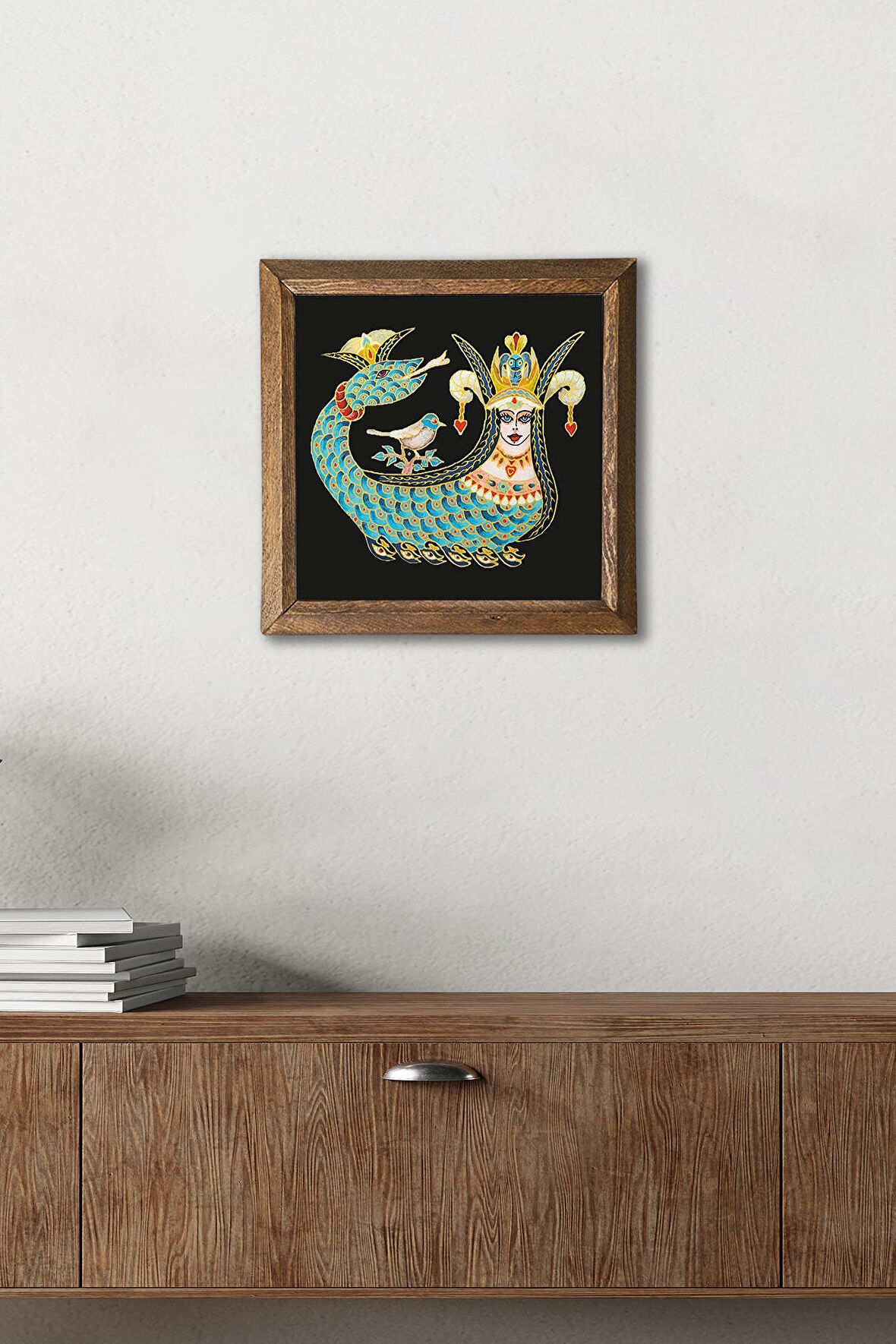 Şahmeran Taş Duvar Tablosu Ahşap Çerçeveli Duvar Dekoru Wall Art 25x25cm