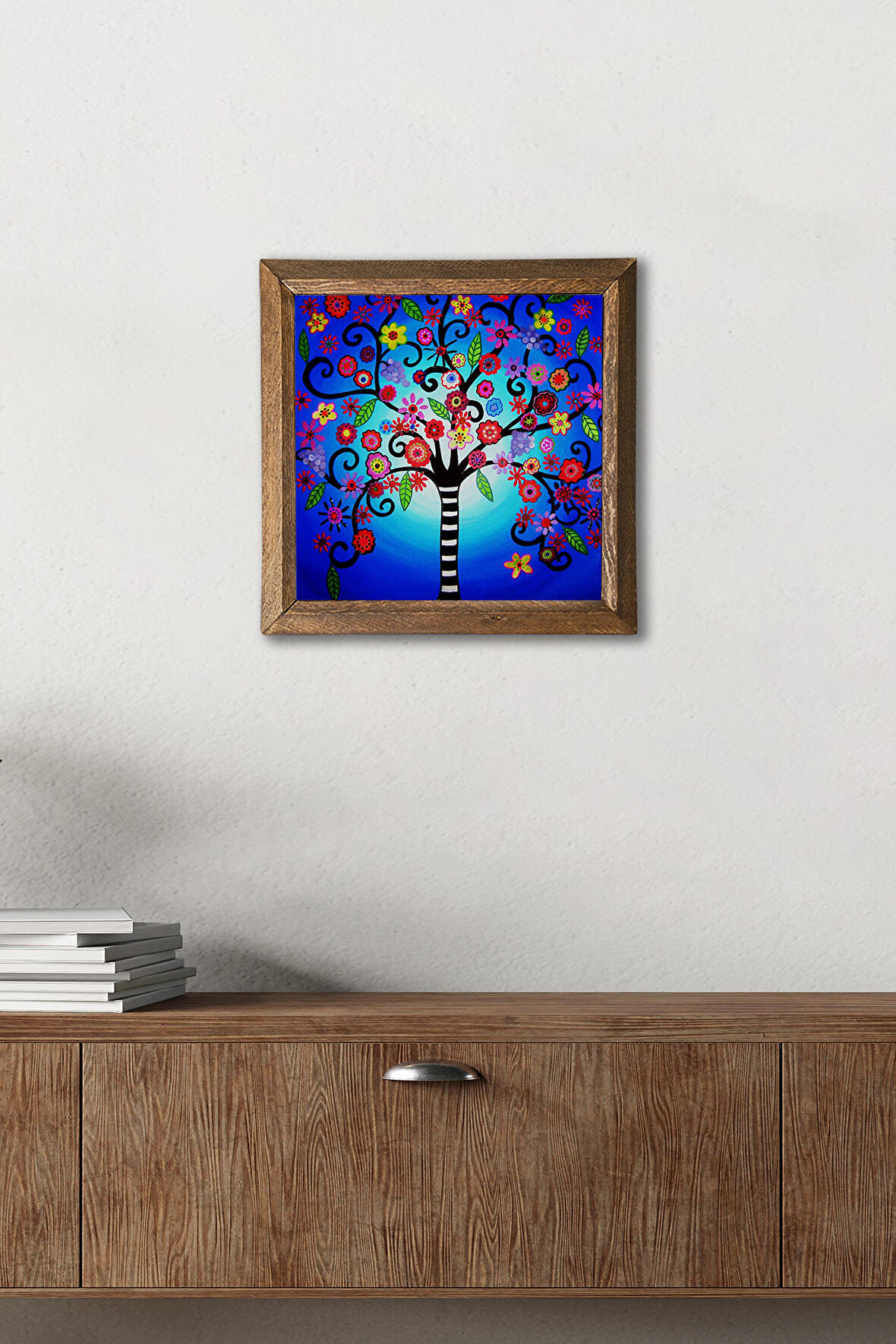 Hayat Ağacı Taş Duvar Tablosu Ahşap Çerçeveli Duvar Dekoru Wall Art 25x25cm