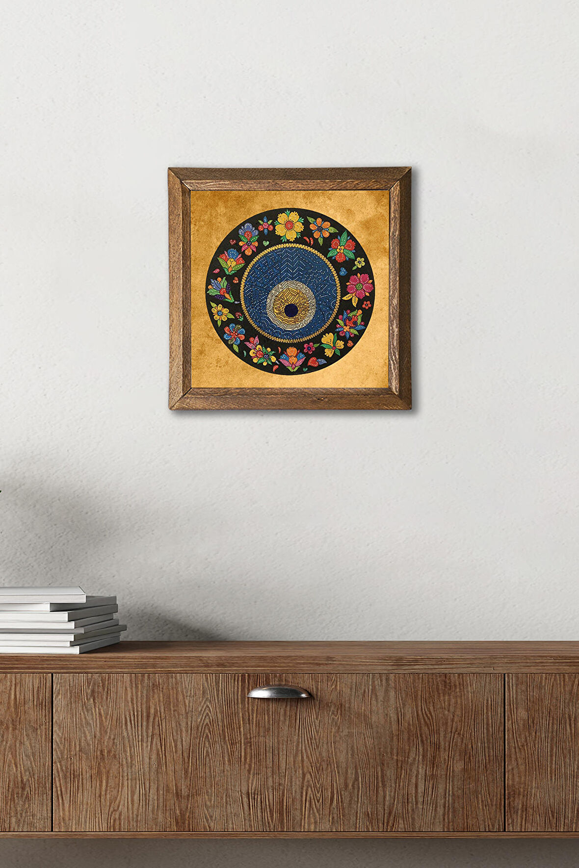 Nazar Boncuğu Taş Duvar Tablosu Ahşap Çerçeveli Duvar Dekoru Wall Art 25x25cm