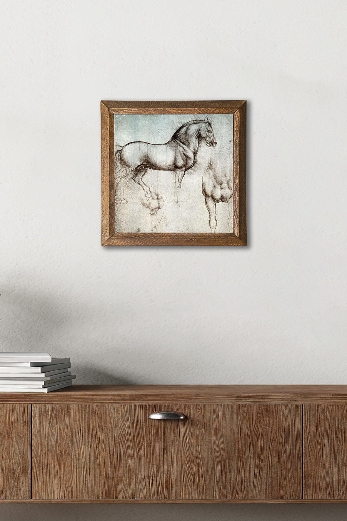 Leonardo da Vinci At Heykeli Taş Duvar Tablosu Ahşap Çerçeveli Duvar Dekoru Wall Art 25x25cm
