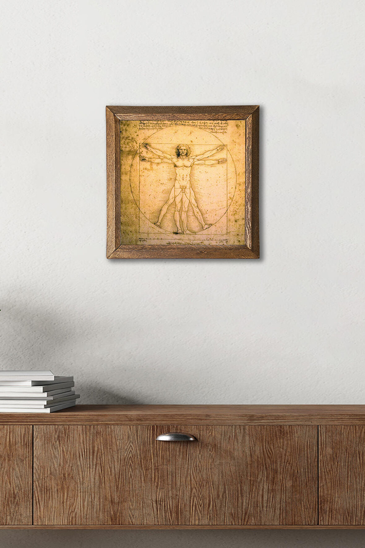 Leonardo da Vinci Vitruvius Adamı Taş Duvar Tablosu Ahşap Çerçeveli Duvar Dekoru Wall Art 25x25cm