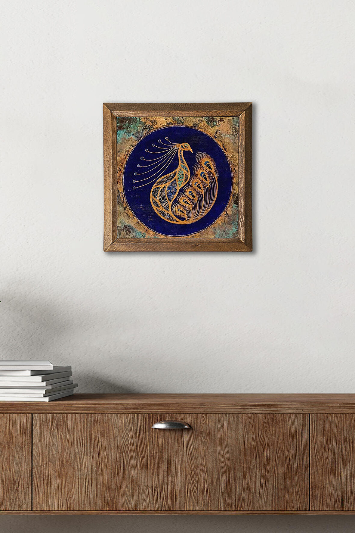 Tavus Kuşu Taş Duvar Tablosu Ahşap Çerçeveli Duvar Dekoru Wall Art 25x25cm