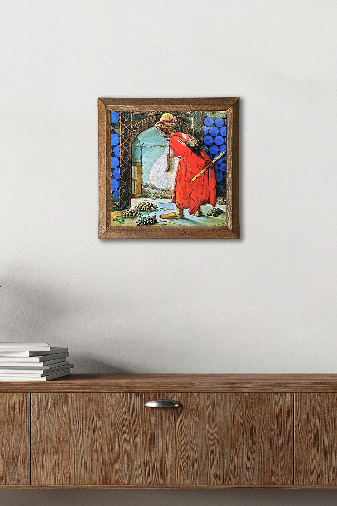 Kaplumbağa Terbiyecisi Taş Duvar Tablosu Ahşap Çerçeveli Duvar Dekoru Wall Art 25x25cm