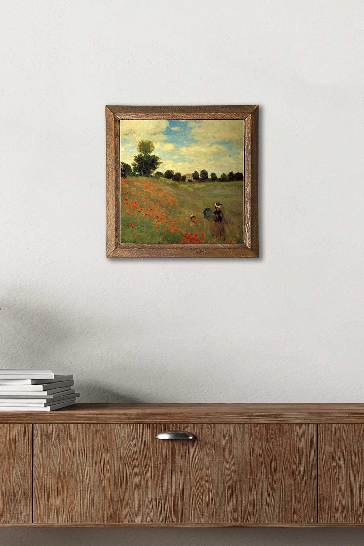 Claude Monet Gelincikler Taş Duvar Tablosu Ahşap Çerçeveli Duvar Dekoru Wall Art 25x25cm