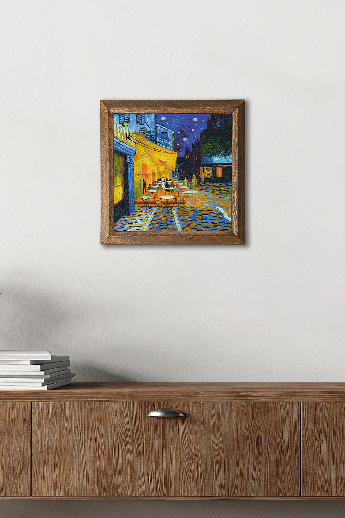 Vincent van Gogh Kafe Terasta Gece Taş Duvar Tablosu Ahşap Çerçeveli Duvar Dekoru Wall Art 25x25cm