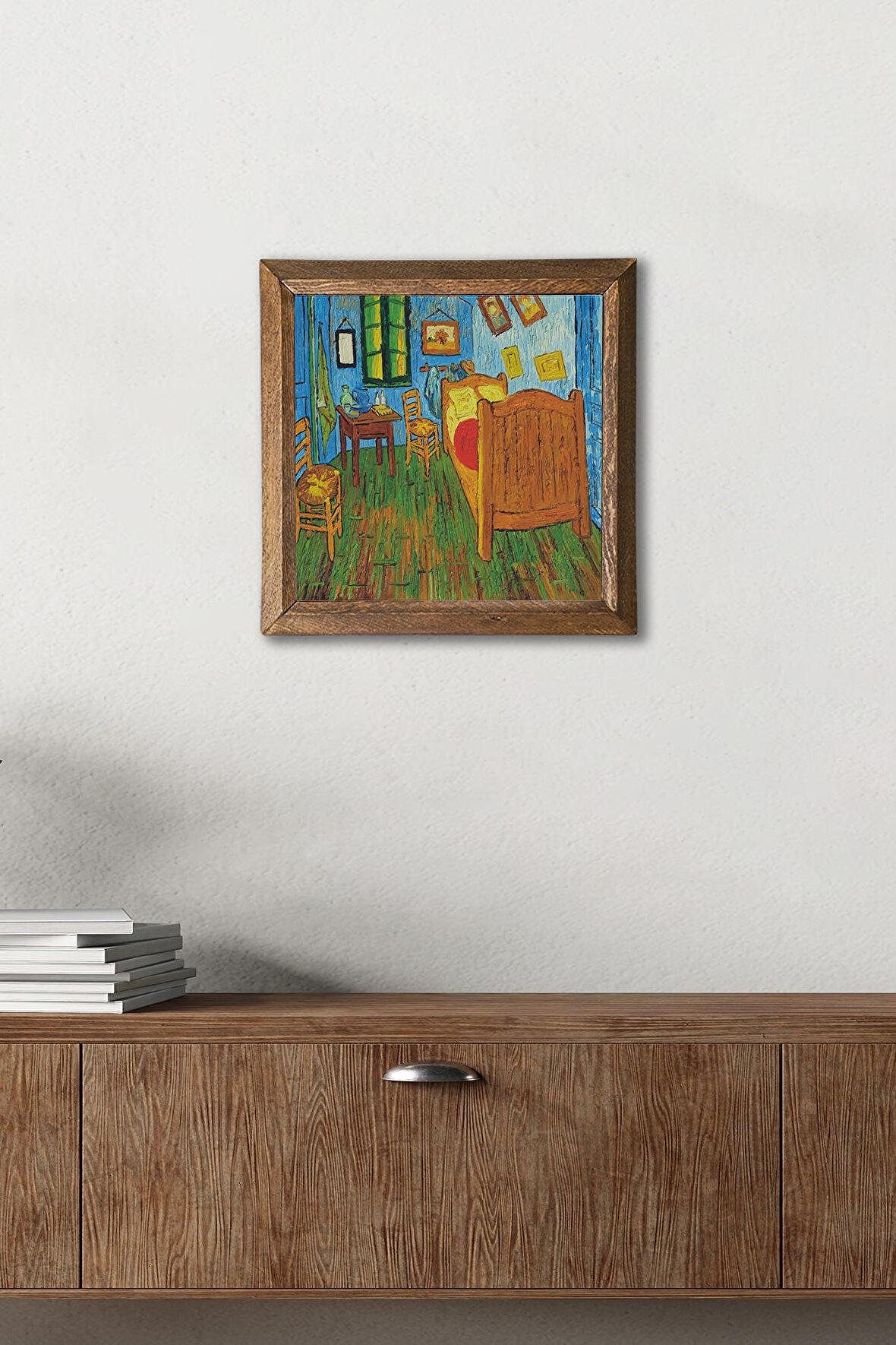 Vincent van Gogh Arles'teki Yatak Odası Taş Duvar Tablosu Ahşap Çerçeveli Duvar Dekoru Wall Art 25x25cm