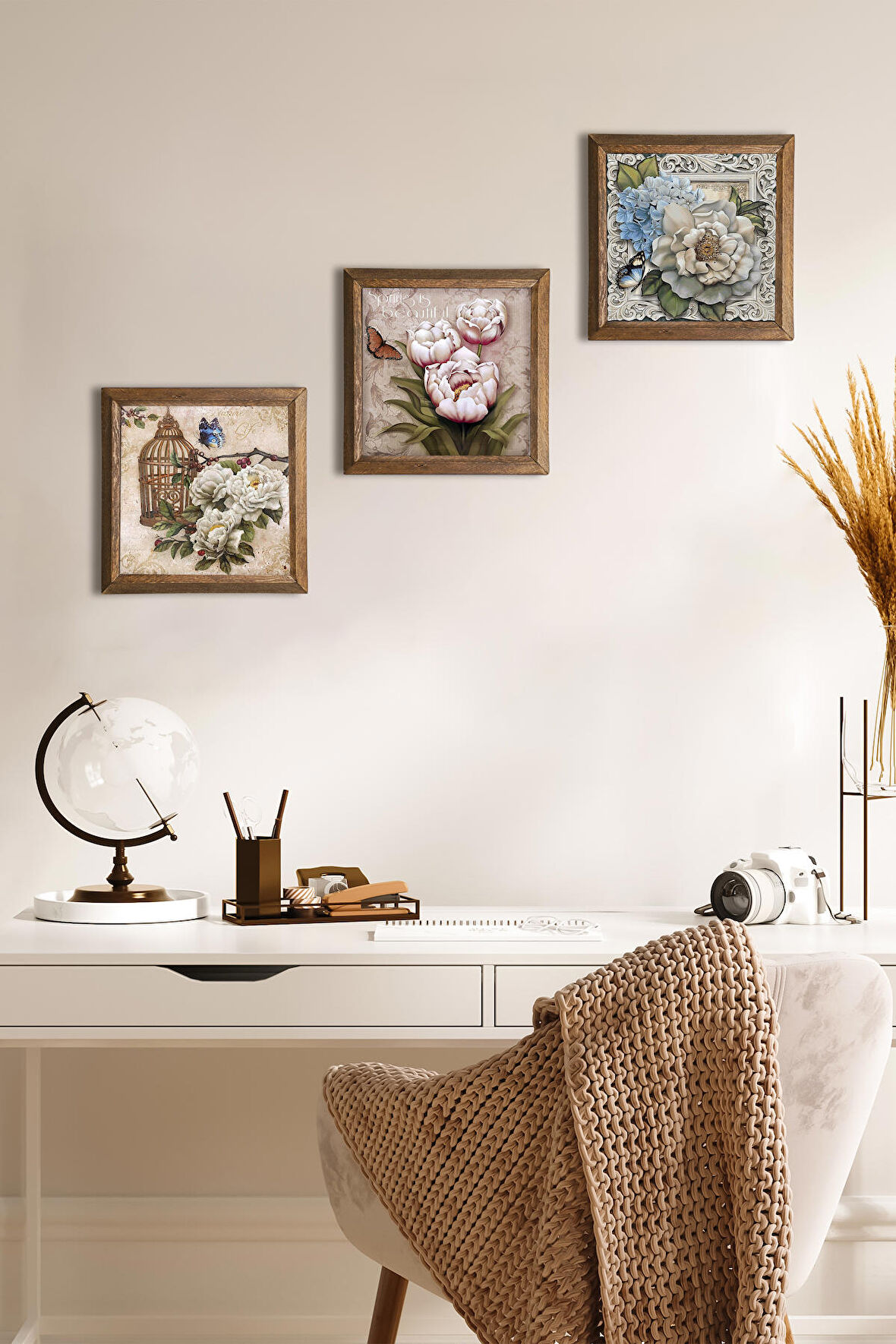 Kelebekli Çiçek Taş Duvar Tablosu Ahşap Çerçeveli Duvar Dekoru 3 Parça Tablo Seti Wall Art