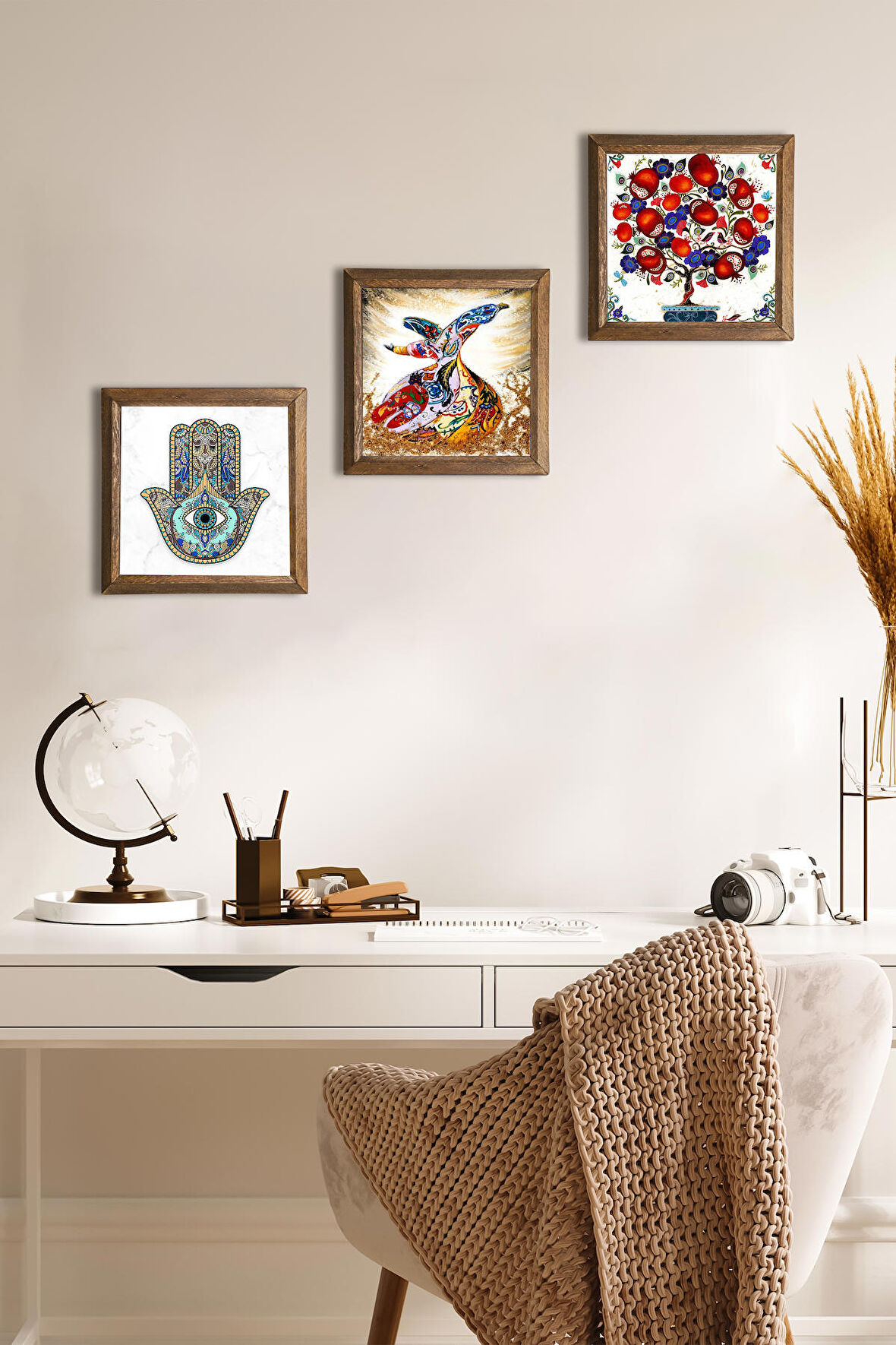 Semazen, Nar Ağacı, Fatma Ana Eli (Hamsa) Taş Duvar Tablosu Ahşap Çerçeveli Duvar Dekoru 3 Parça Tablo Seti Wall Art