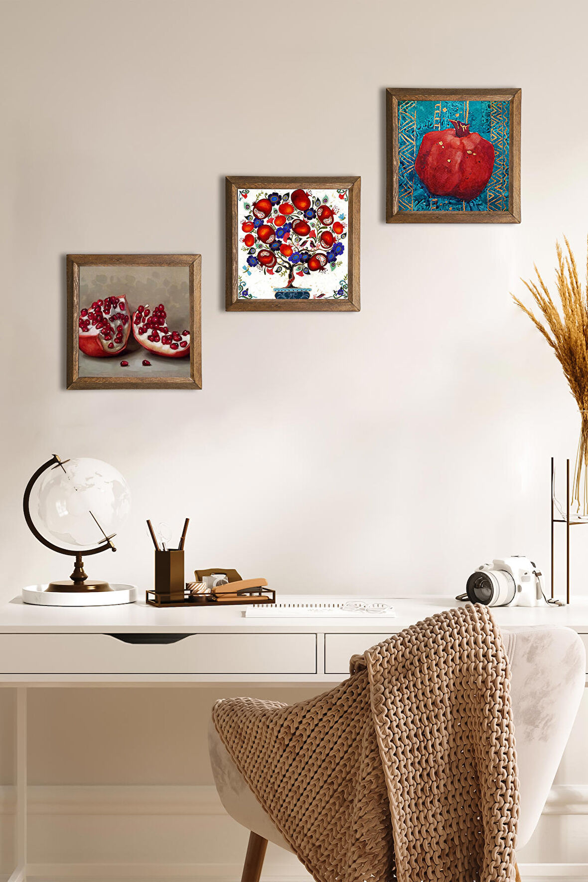 Nar Ağacı, Nar Taş Duvar Tablosu Ahşap Çerçeveli Duvar Dekoru 3 Parça Tablo Seti Wall Art