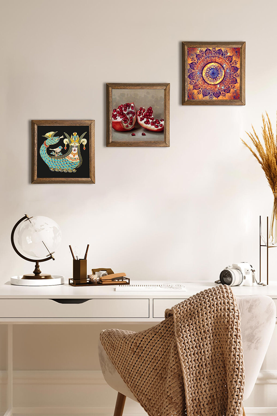 Mandala, Şahmeran, Nar Taş Duvar Tablosu Ahşap Çerçeveli Duvar Dekoru 3 Parça Tablo Seti Wall Art