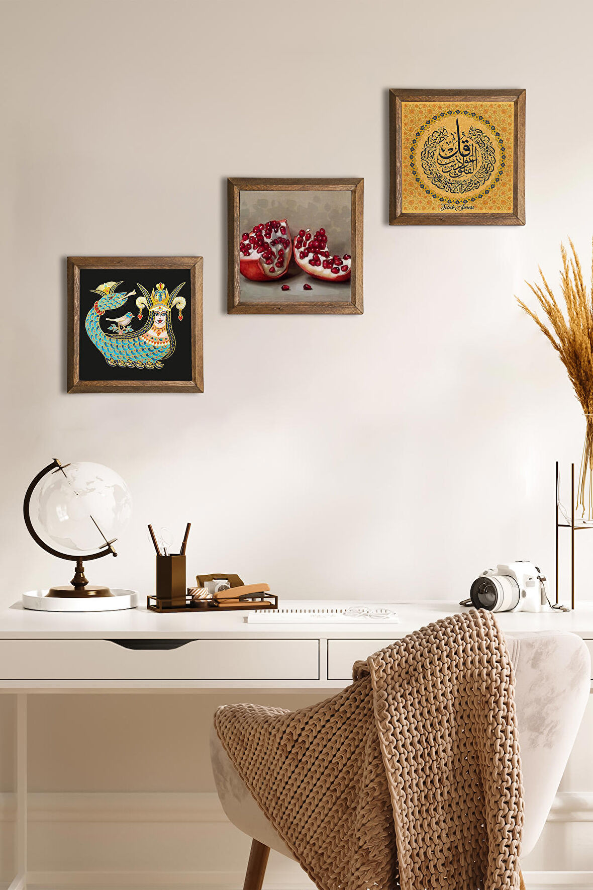 Felak Suresi, Şahmeran, Nar Taş Duvar Tablosu Ahşap Çerçeveli Duvar Dekoru 3 Parça Tablo Seti Wall Art