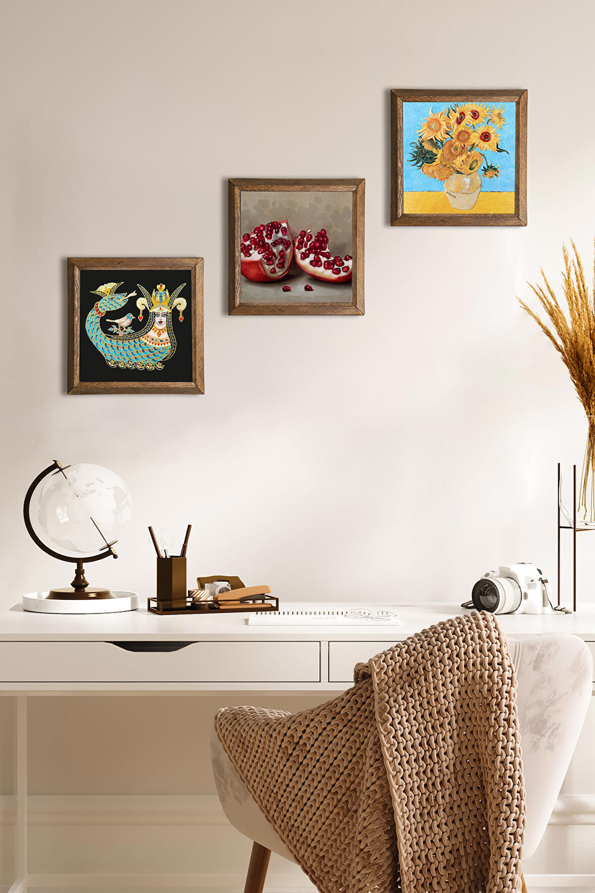Van Gogh On İki Ayçiçekli Vazo, Şahmeran, Nar Taş Duvar Tablosu Ahşap Çerçeveli Duvar Dekoru 3 Parça Tablo Seti Wall Art