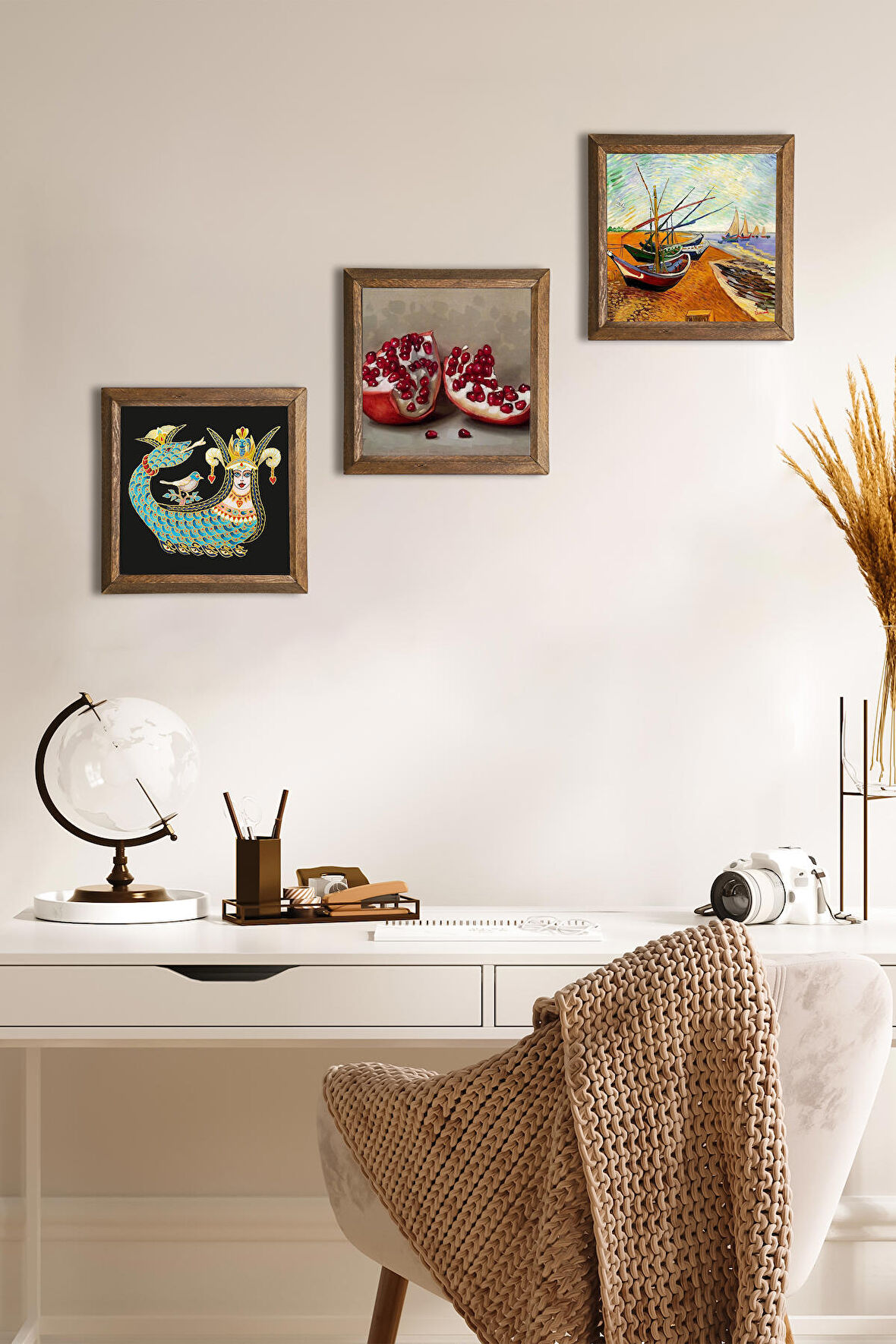 Van Gogh Balıkçı Tekneleri, Şahmeran, Nar Taş Duvar Tablosu Ahşap Çerçeveli Duvar Dekoru 3 Parça Tablo Seti Wall Art