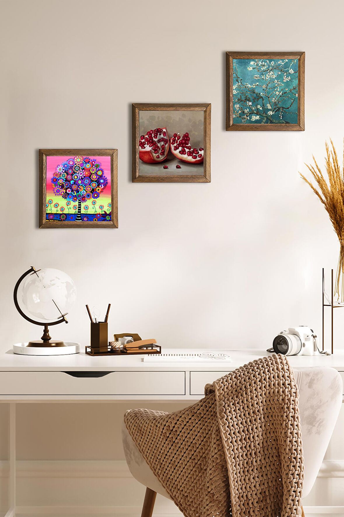 Van Gogh Badem Ağacı, Karla Gerard Hayat Ağacı, Nar Taş Duvar Tablosu Ahşap Çerçeveli Duvar Dekoru 3 Parça Tablo Seti Wall Art
