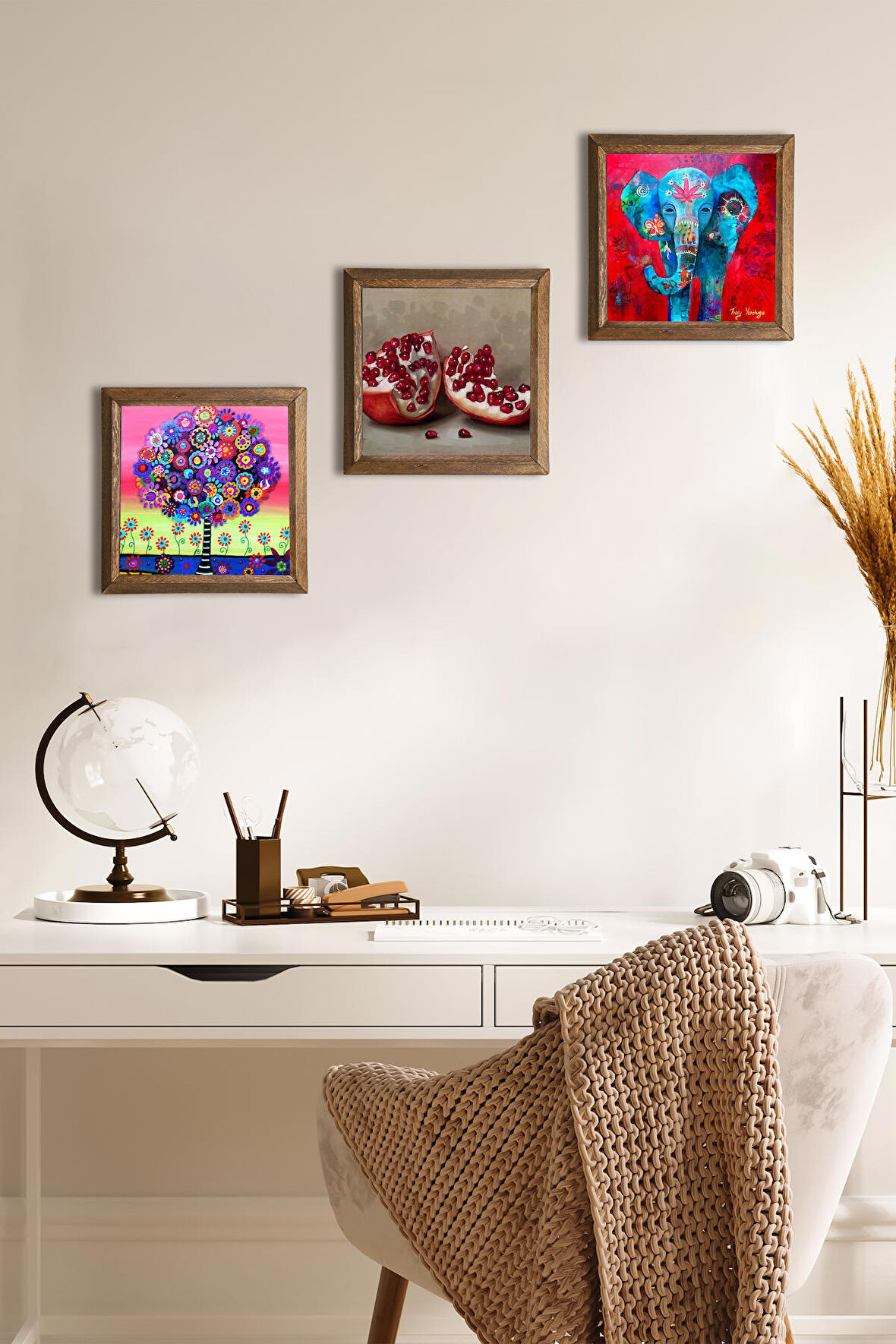 Fil, Hayat Ağacı, Nar Taş Duvar Tablosu Ahşap Çerçeveli Duvar Dekoru 3 Parça Tablo Seti Wall Art