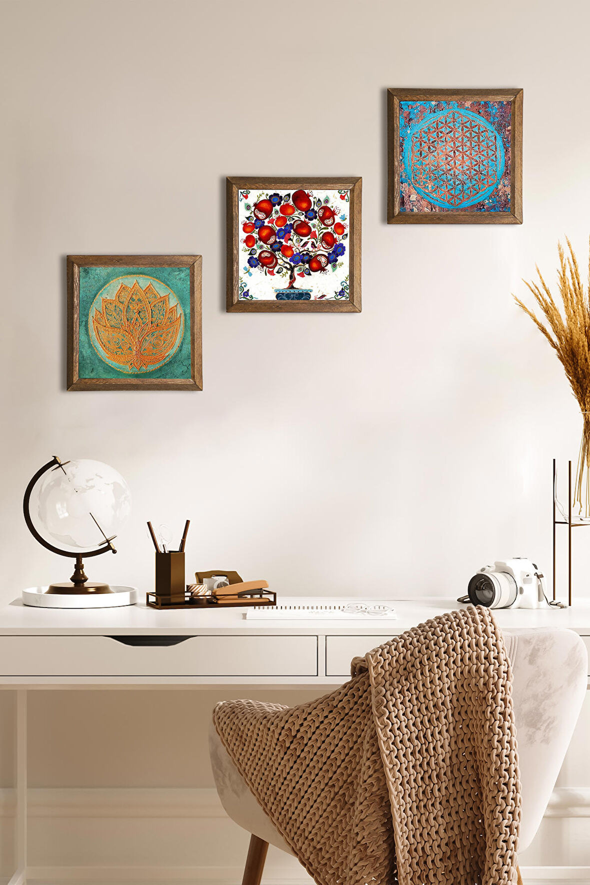 Yaşam Çiçeği, Lotus Çiçeği, Nar Ağacı Taş Duvar Tablosu Ahşap Çerçeveli Duvar Dekoru 3 Parça Tablo Seti Wall Art