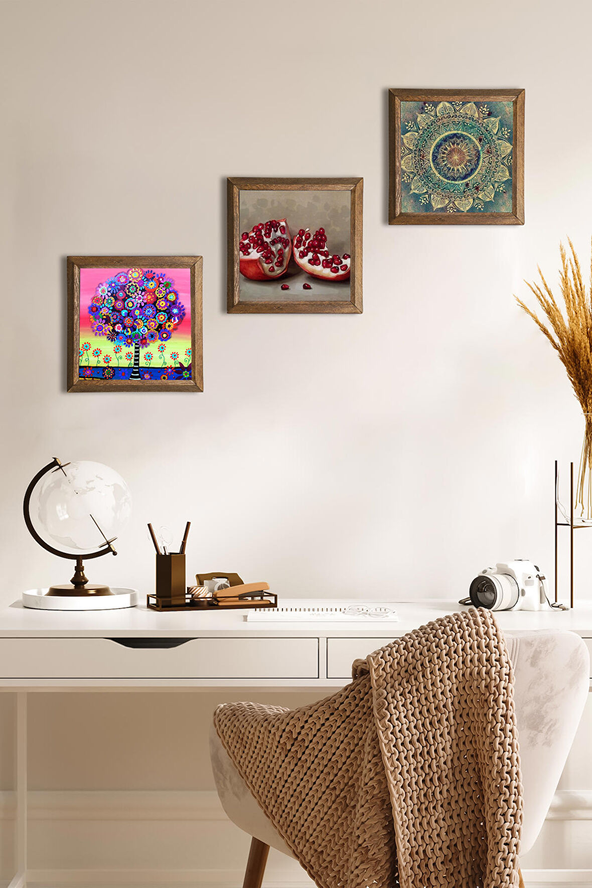 Mandala, Hayat Ağacı, Nar Taş Duvar Tablosu Ahşap Çerçeveli Duvar Dekoru 3 Parça Tablo Seti Wall Art