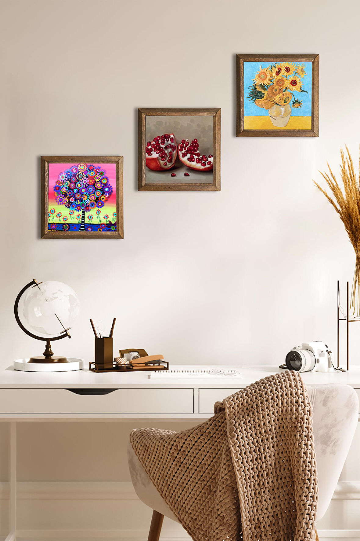 Van Gogh On İki Ayçiçekli Vazo, Hayat Ağacı, Nar Taş Duvar Tablosu Ahşap Çerçeveli Duvar Dekoru 3 Parça Tablo Seti Wall Art