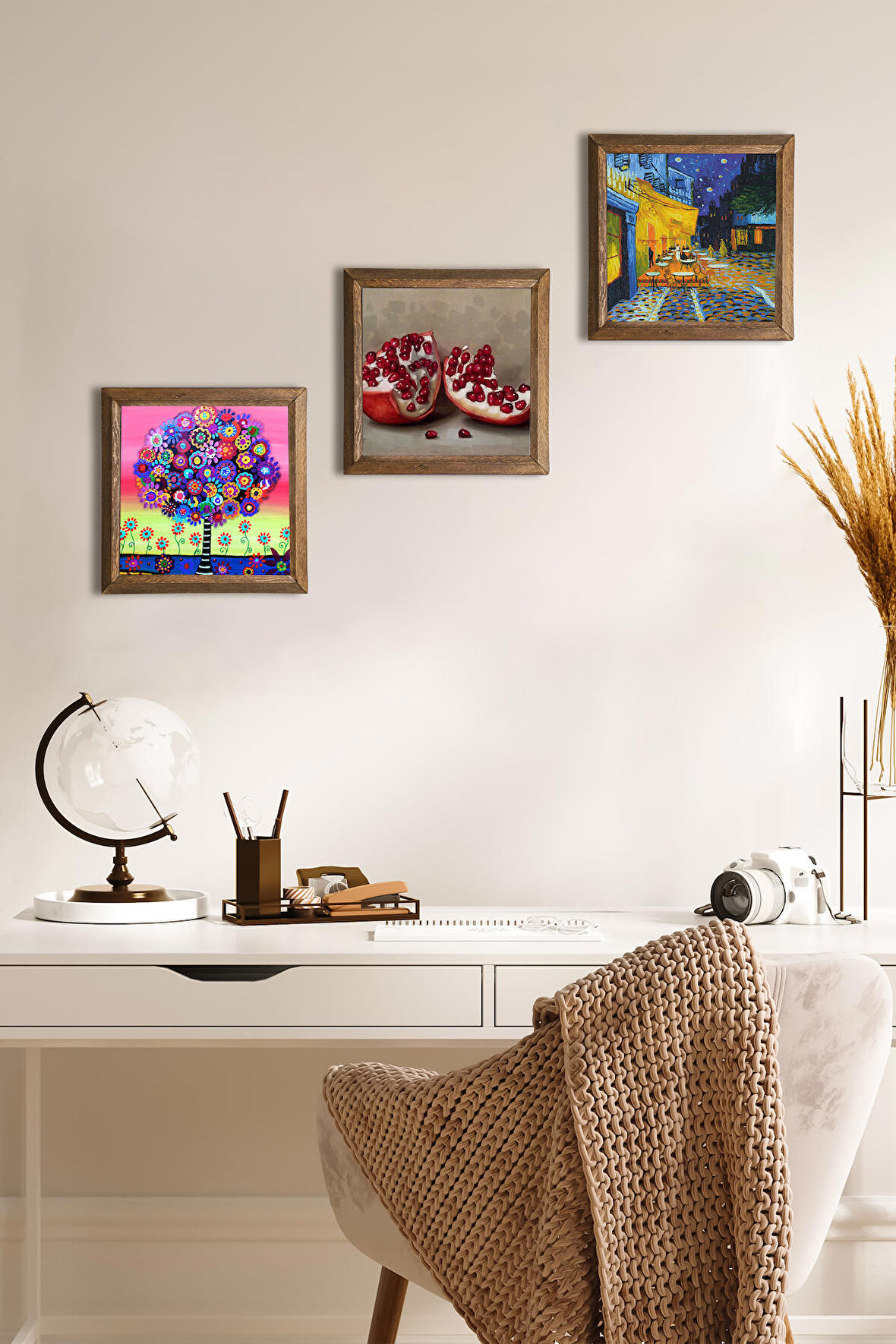 Van Gogh Kafe Terasta Gece, Karla Gerard Hayat Ağacı, Nar Taş Duvar Tablosu Ahşap Çerçeveli Duvar Dekoru 3 Parça Tablo Seti Wall Art