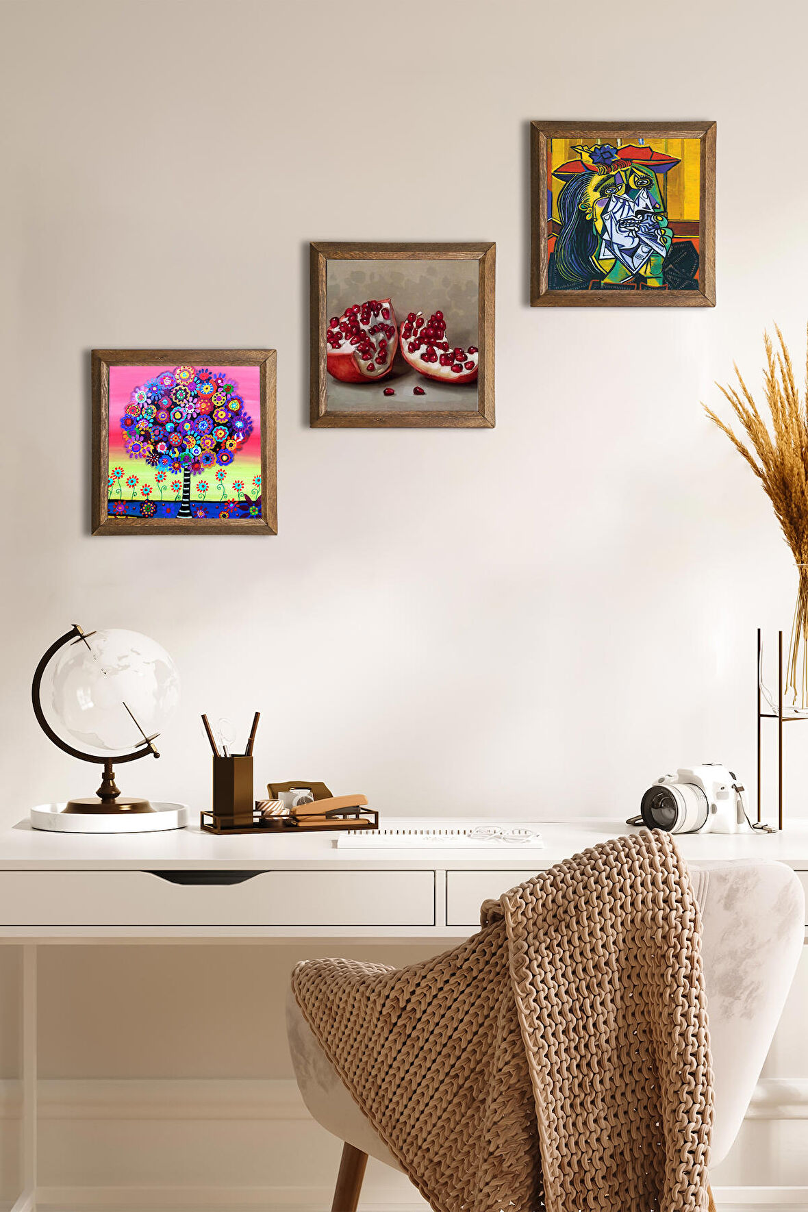 Picasso Ağlayan Kadın, Karla Gerard Hayat Ağacı, Nar Taş Duvar Tablosu Ahşap Çerçeveli Duvar Dekoru 3 Parça Tablo Seti Wall Art