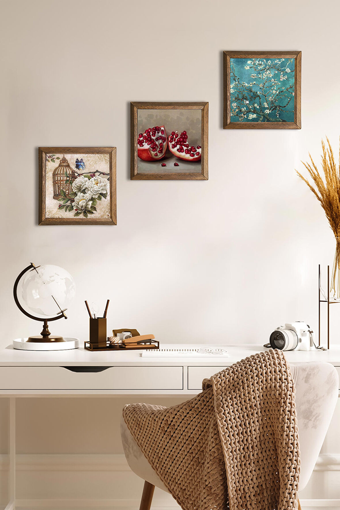 Van Gogh Badem Ağacı, Kelebekli Çiçek, Nar Taş Duvar Tablosu Ahşap Çerçeveli Duvar Dekoru 3 Parça Tablo Seti Wall Art