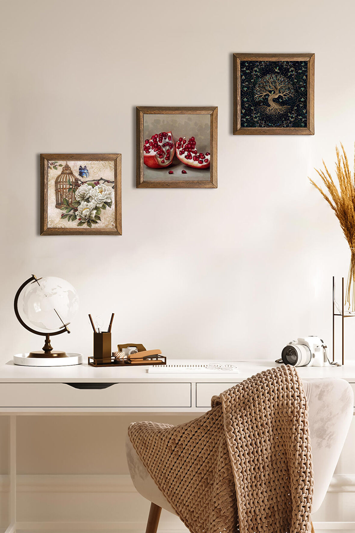 Hayat Ağacı, Kelebekli Çiçek, Nar Taş Duvar Tablosu Ahşap Çerçeveli Duvar Dekoru 3 Parça Tablo Seti Wall Art