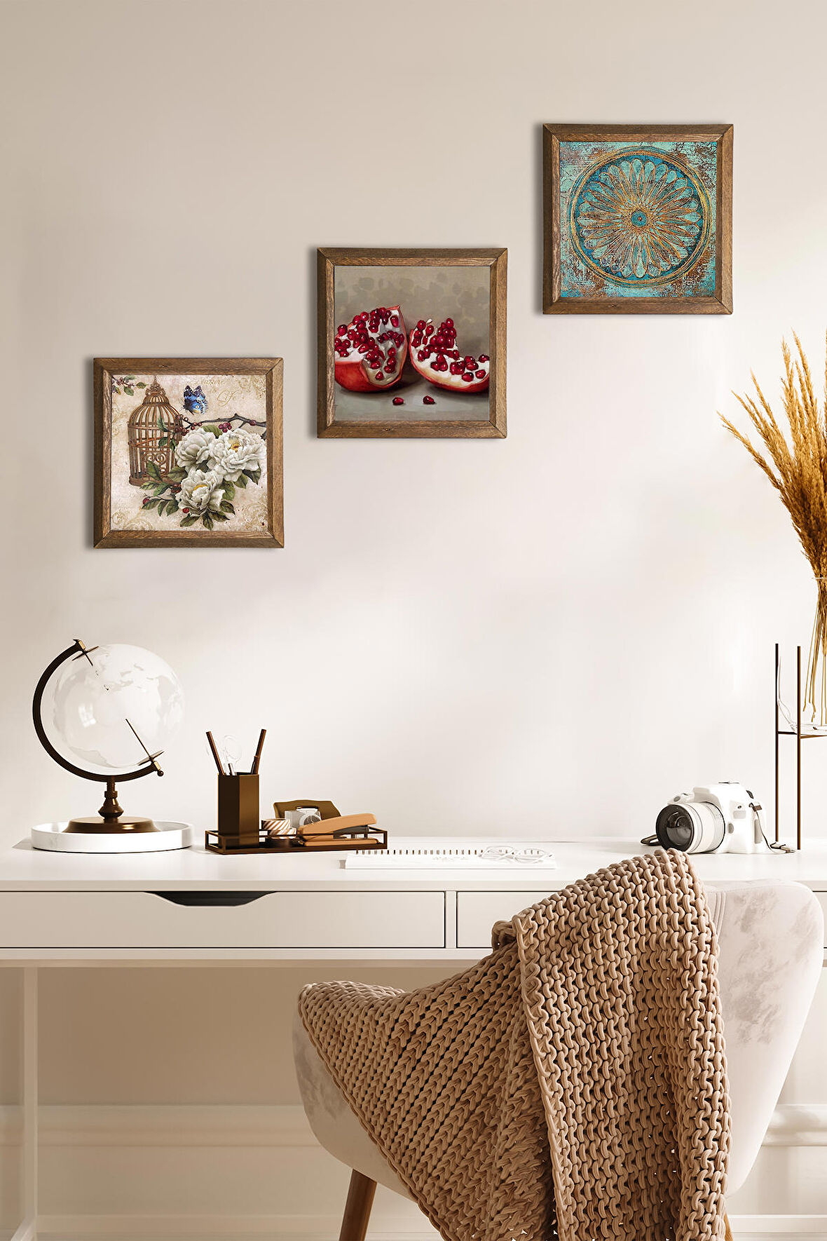 Yaşam Çiçeği, Kelebekli Çiçek, Nar Taş Duvar Tablosu Ahşap Çerçeveli Duvar Dekoru 3 Parça Tablo Seti Wall Art