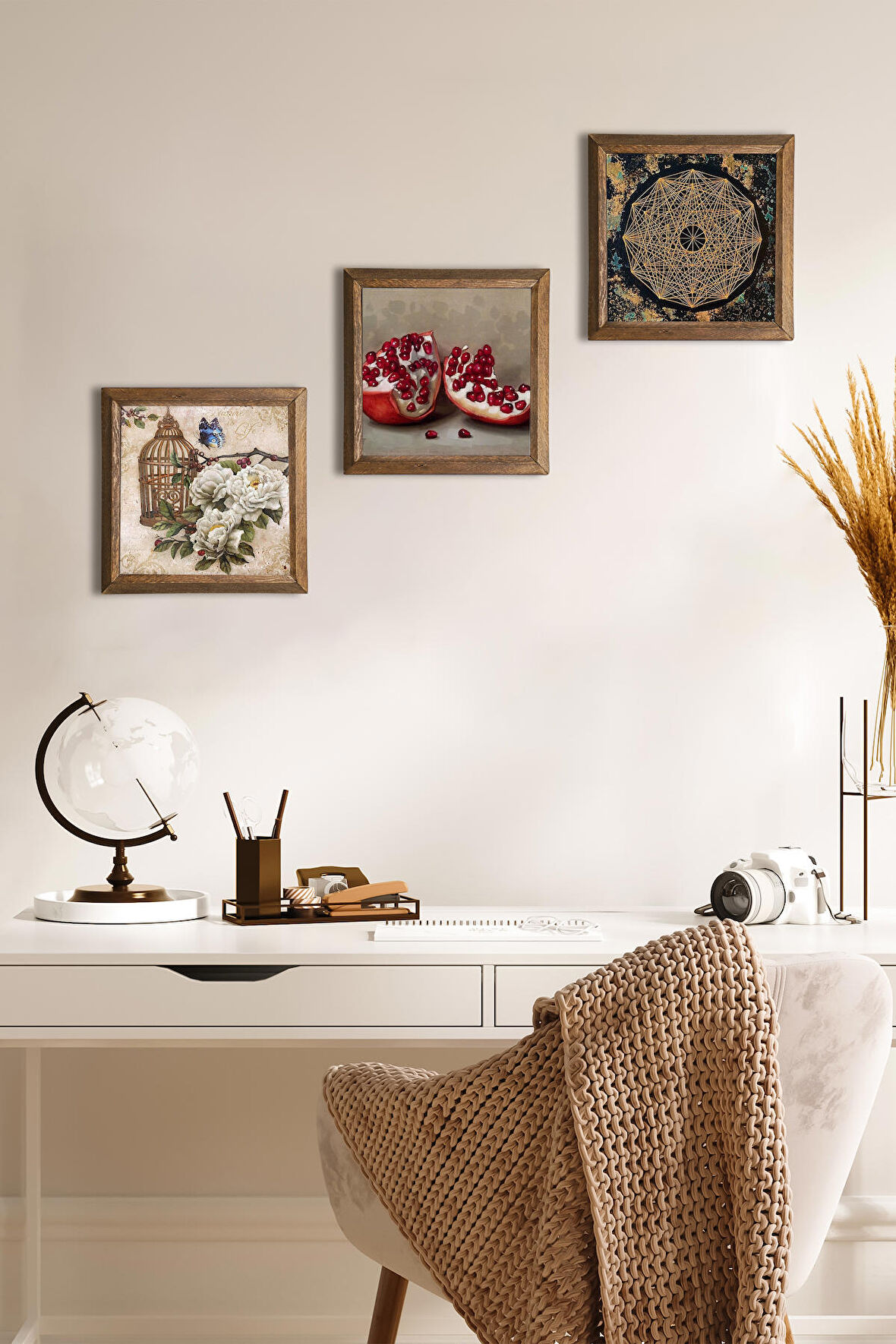 Sri Yantra, Kelebekli Çiçek, Nar Taş Duvar Tablosu Ahşap Çerçeveli Duvar Dekoru 3 Parça Tablo Seti Wall Art