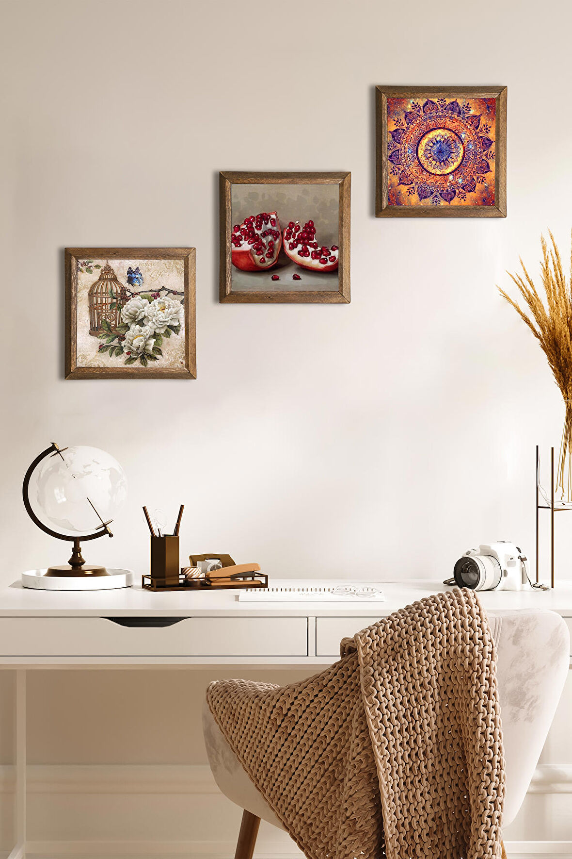 Mandala, Kelebekli Çiçek, Nar Taş Duvar Tablosu Ahşap Çerçeveli Duvar Dekoru 3 Parça Tablo Seti Wall Art