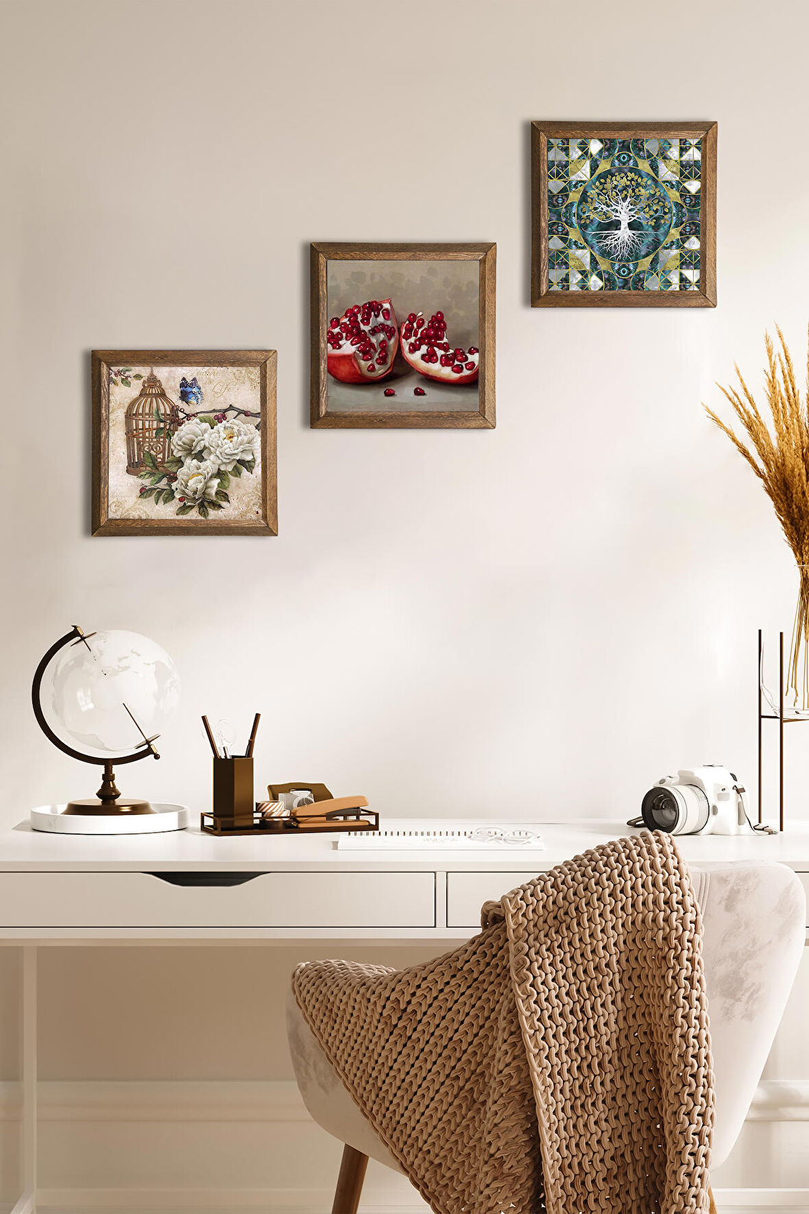 Hayat Ağacı, Kelebekli Çiçek, Nar Taş Duvar Tablosu Ahşap Çerçeveli Duvar Dekoru 3 Parça Tablo Seti Wall Art