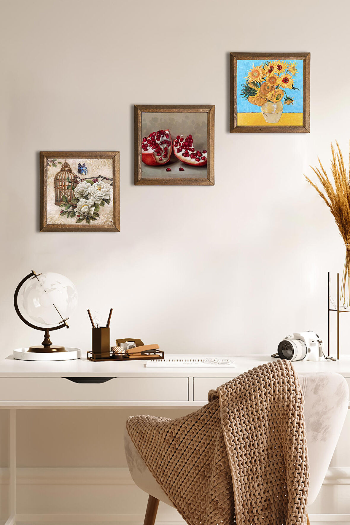 Van Gogh On İki Ayçiçekli Vazo, Kelebekli Çiçek, Nar Taş Duvar Tablosu Ahşap Çerçeveli Duvar Dekoru 3 Parça Tablo Seti Wall Art