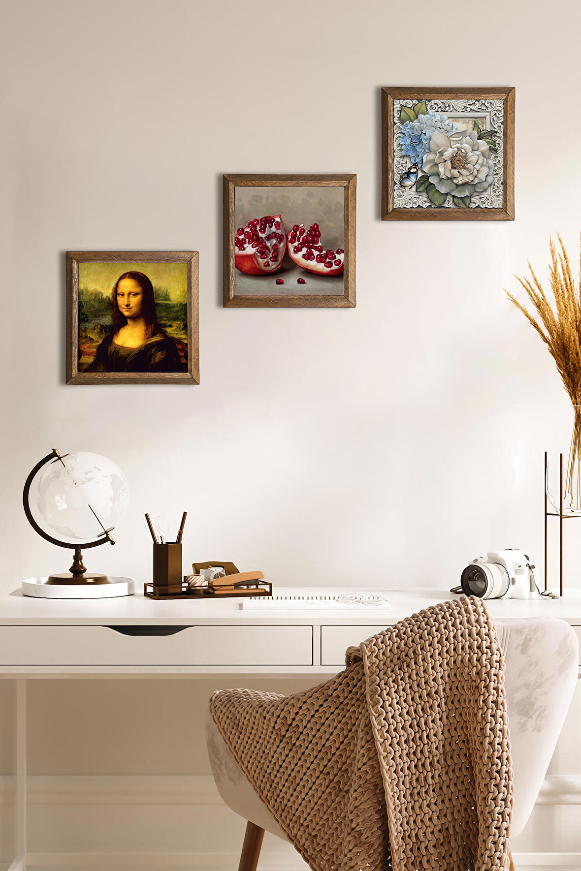 Leonardo da Vinci Mona Lisa, Kelebekli Çiçek, Nar Taş Duvar Tablosu Ahşap Çerçeveli Duvar Dekoru 3 Parça Tablo Seti Wall Art
