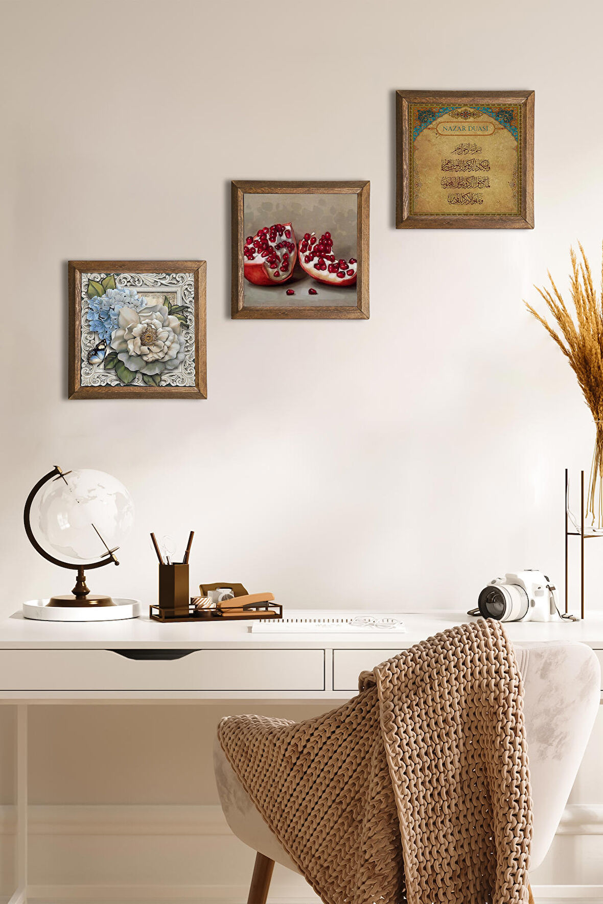 Nazar Duası, Kelebekli Çiçek, Nar Taş Duvar Tablosu Ahşap Çerçeveli Duvar Dekoru 3 Parça Tablo Seti Wall Art