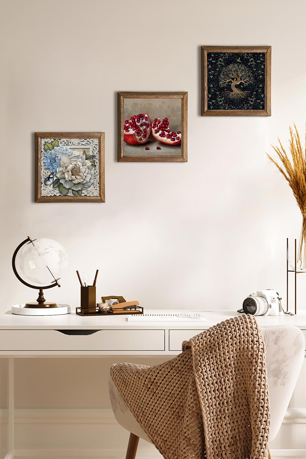 Hayat Ağacı, Kelebekli Çiçek, Nar Taş Duvar Tablosu Ahşap Çerçeveli Duvar Dekoru 3 Parça Tablo Seti Wall Art