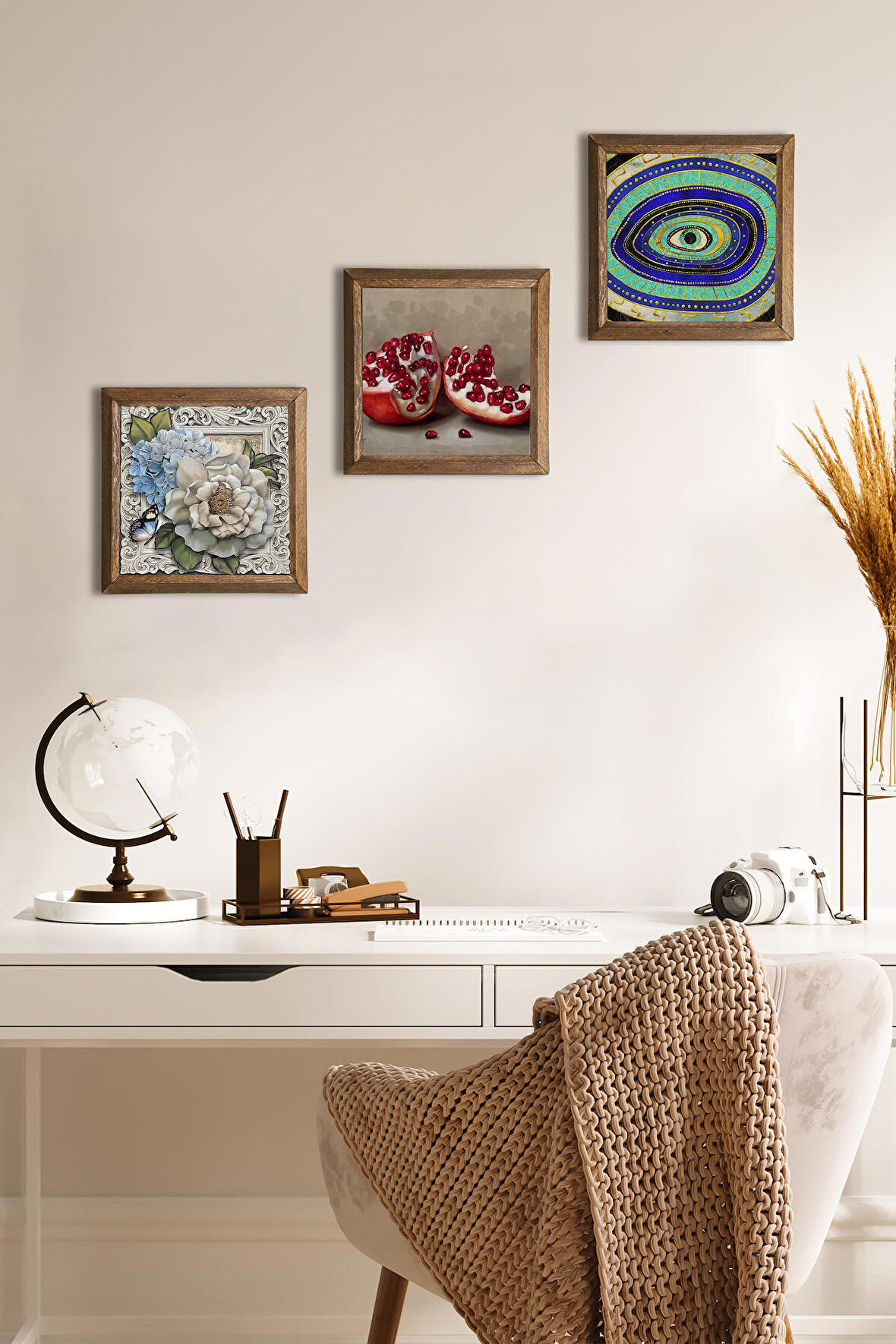 Nazar, Kelebekli Çiçek, Nar Taş Duvar Tablosu Ahşap Çerçeveli Duvar Dekoru 3 Parça Tablo Seti Wall Art
