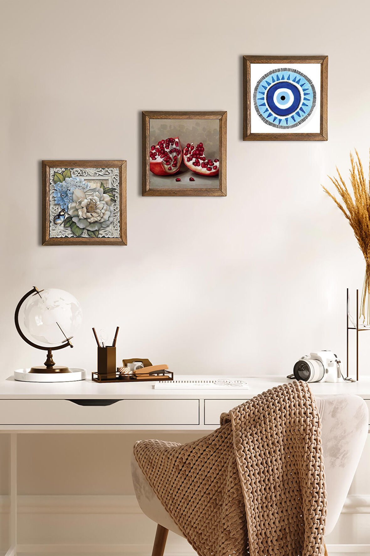 Nazar, Kelebekli Çiçek, Nar Taş Duvar Tablosu Ahşap Çerçeveli Duvar Dekoru 3 Parça Tablo Seti Wall Art
