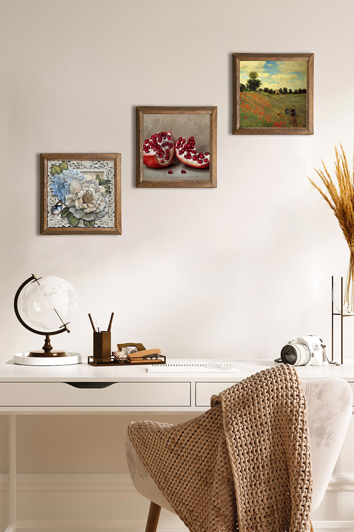 Claude Monet Gelincikler, Kelebekli Çiçek, Nar Taş Duvar Tablosu Ahşap Çerçeveli Duvar Dekoru 3 Parça Tablo Seti Wall Art