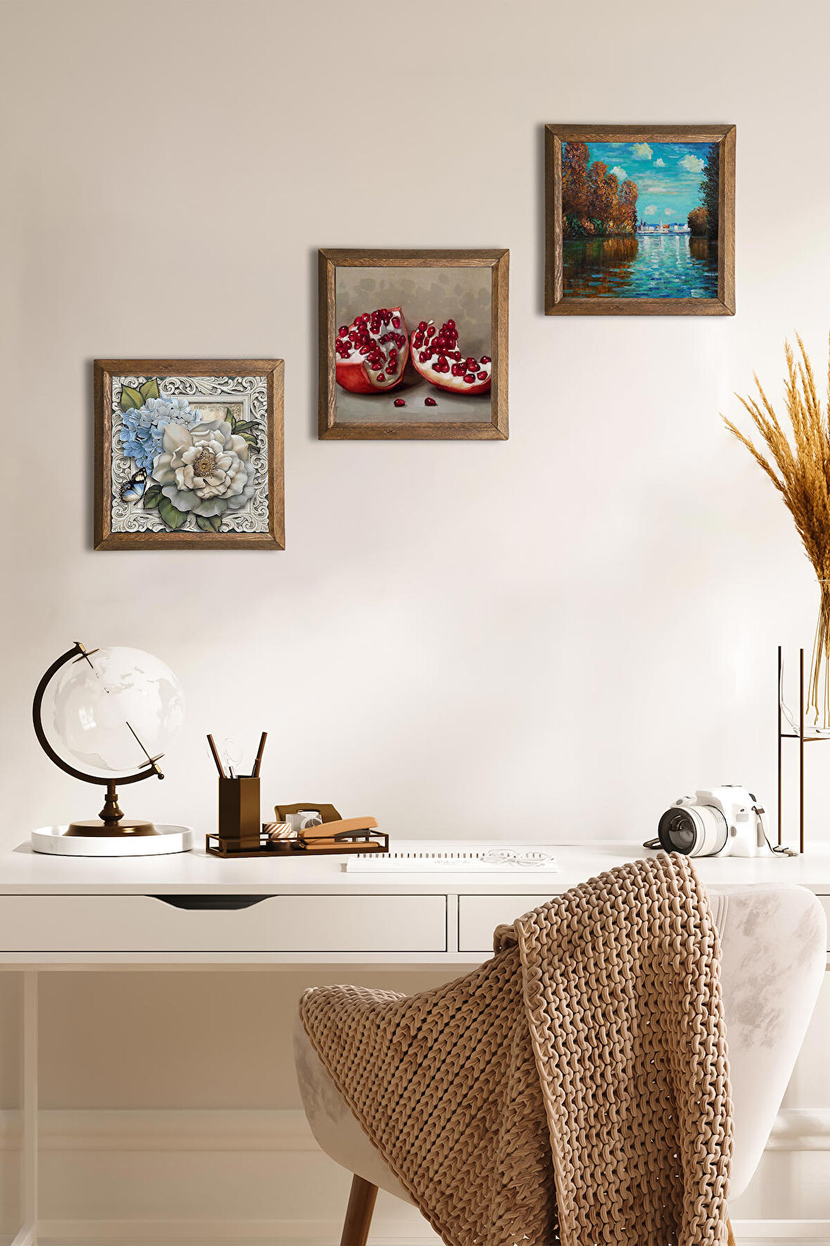 Claude Monet Sonbahar, Kelebekli Çiçek, Nar Taş Duvar Tablosu Ahşap Çerçeveli Duvar Dekoru 3 Parça Tablo Seti Wall Art