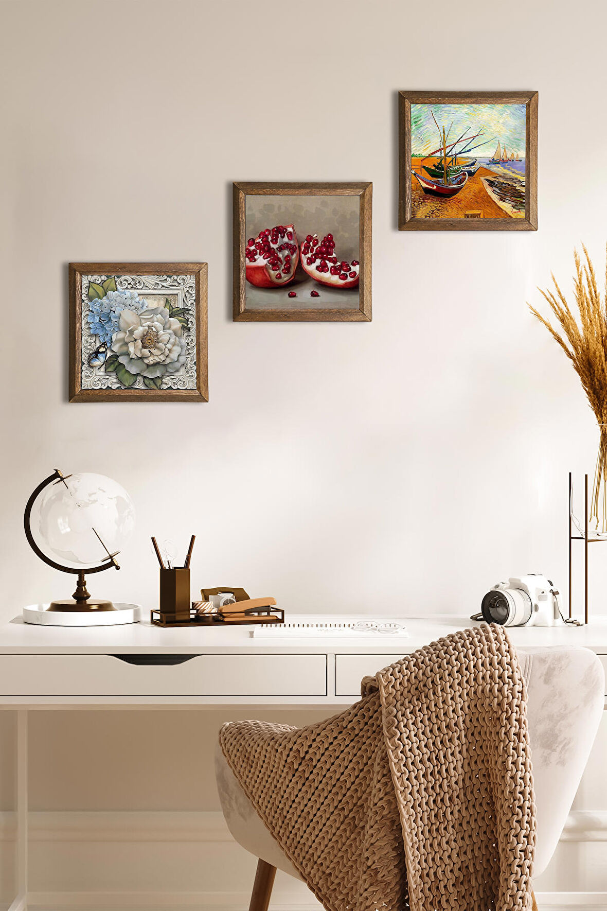 Van Gogh Balıkçı Tekneleri, Kelebekli Çiçek, Nar Taş Duvar Tablosu Ahşap Çerçeveli Duvar Dekoru 3 Parça Tablo Seti Wall Art