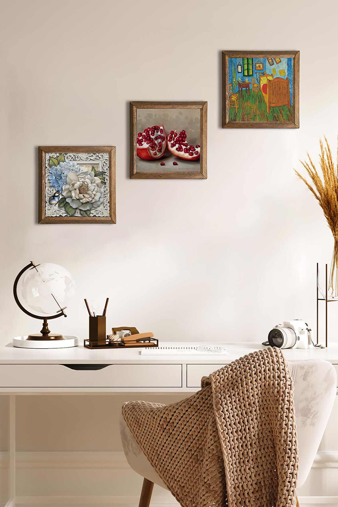 Van Gogh Arles'teki Yatak Odası, Kelebekli Çiçek, Nar Taş Duvar Tablosu Ahşap Çerçeveli Duvar Dekoru 3 Parça Tablo Seti Wall Art