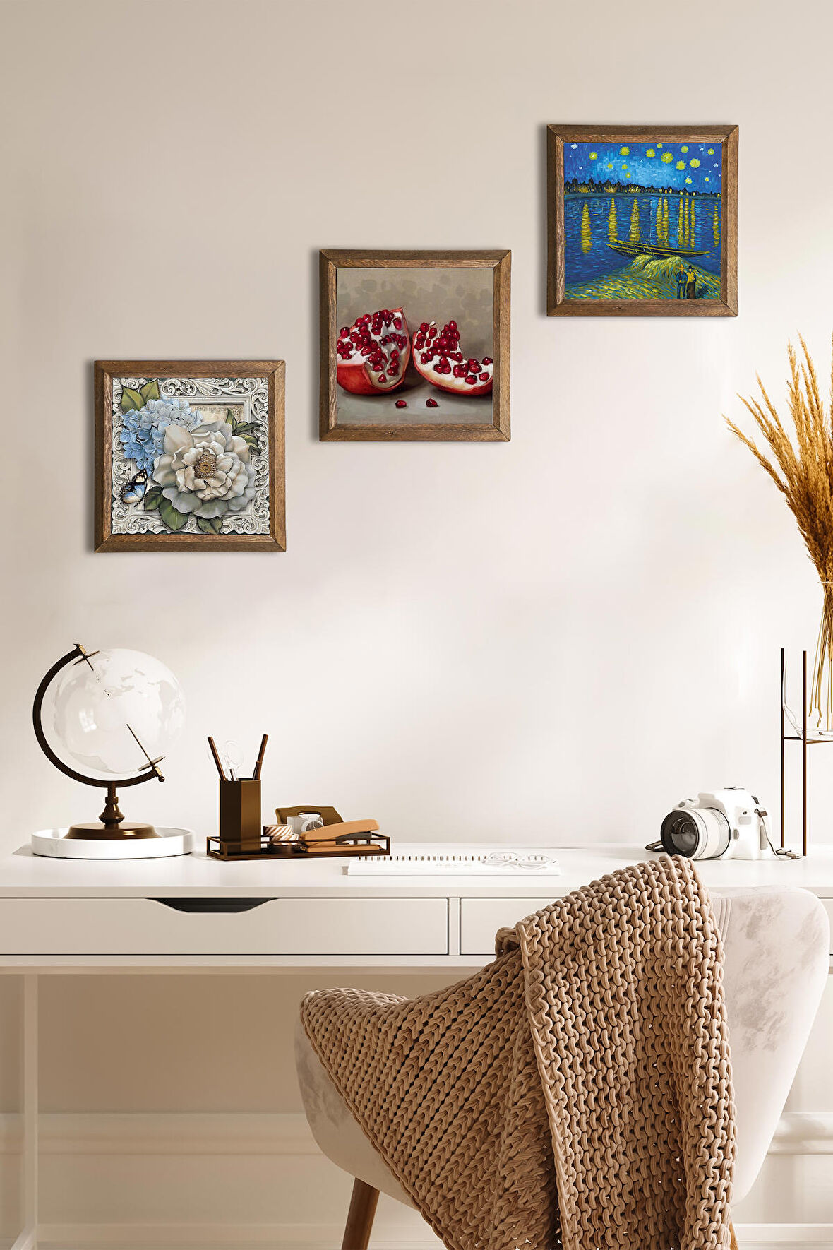 Van Gogh Ren Nehri, Kelebekli Çiçek, Nar Taş Duvar Tablosu Ahşap Çerçeveli Duvar Dekoru 3 Parça Tablo Seti Wall Art