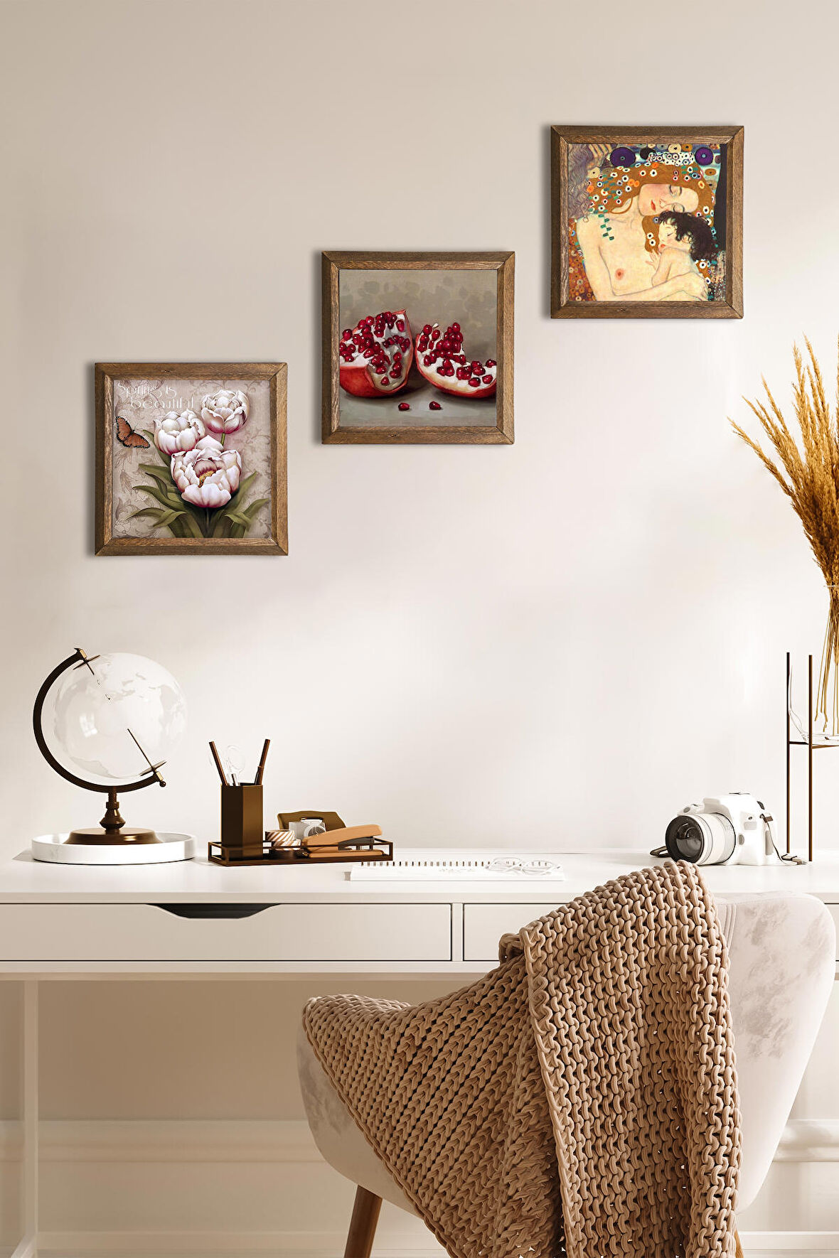 Gustav Klimt Anne Çocuk, Kelebekli Çiçek, Nar Taş Duvar Tablosu Ahşap Çerçeveli Duvar Dekoru 3 Parça Tablo Seti Wall Art